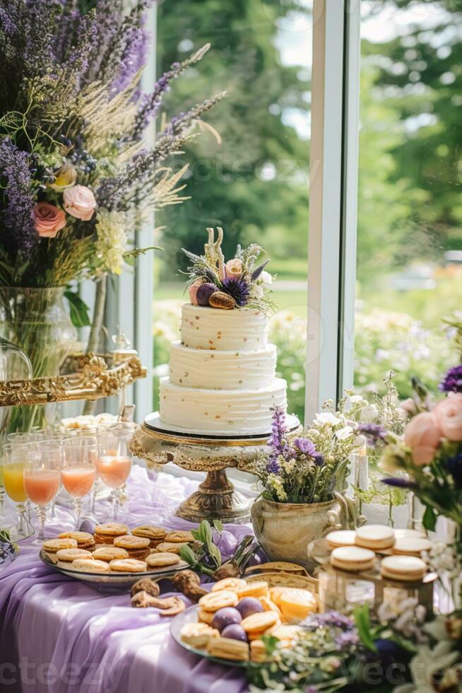 Casamento bolo com lavanda floral decoração, festa celebração e feriado sobremesa dentro uma campo jardim, evento Comida refeições, país chalé estilo, generativo ai foto