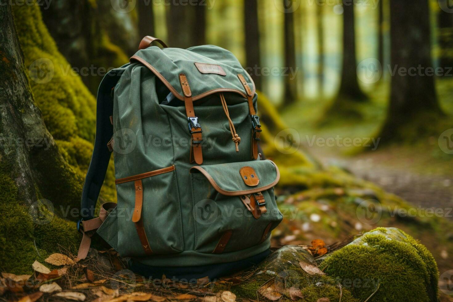 uma caminhada mochila descansos de uma árvore, incorporando a floresta aventura ai gerado foto