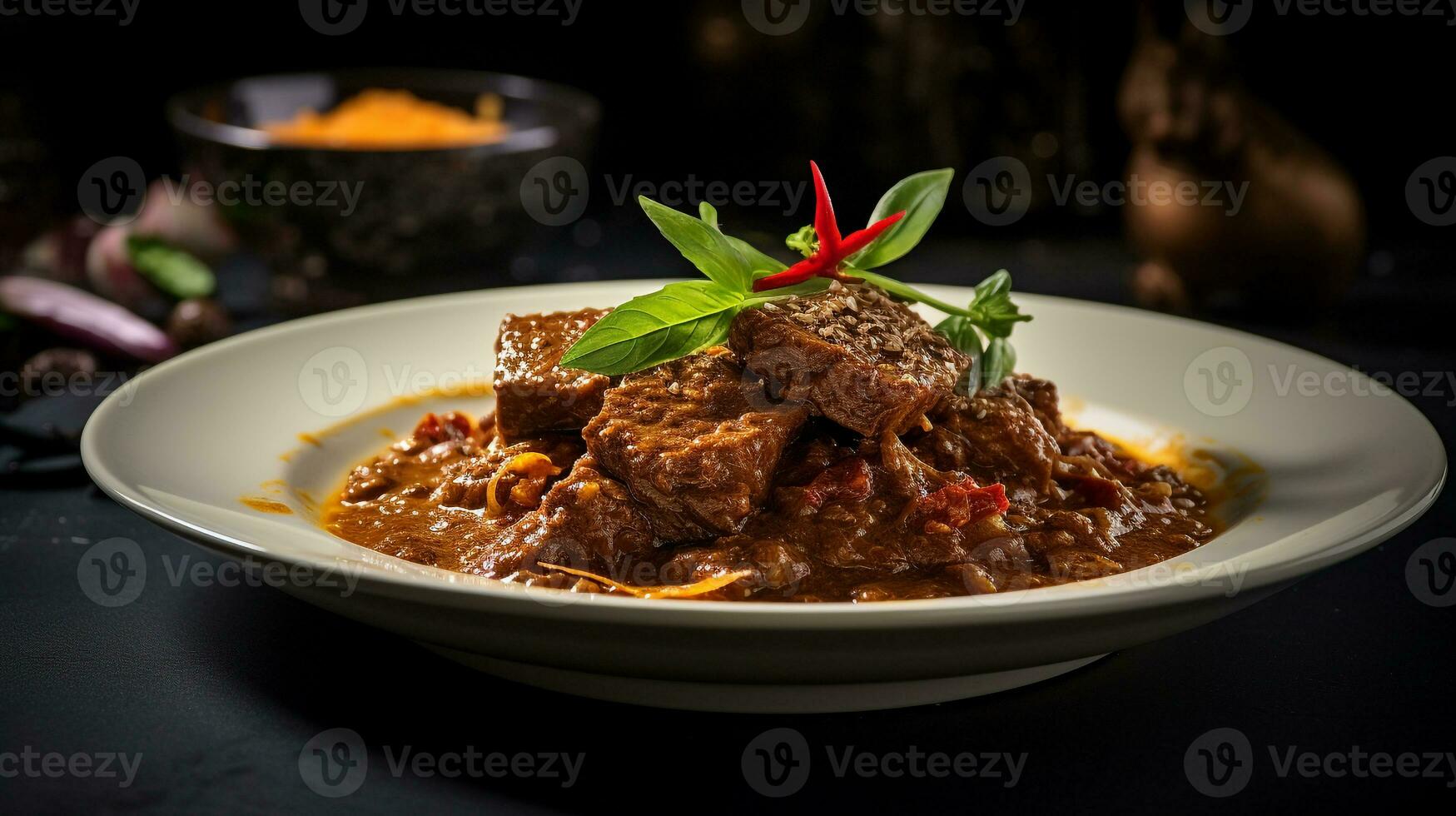 foto do carne rendang Como uma prato dentro uma sofisticado restaurante. generativo ai