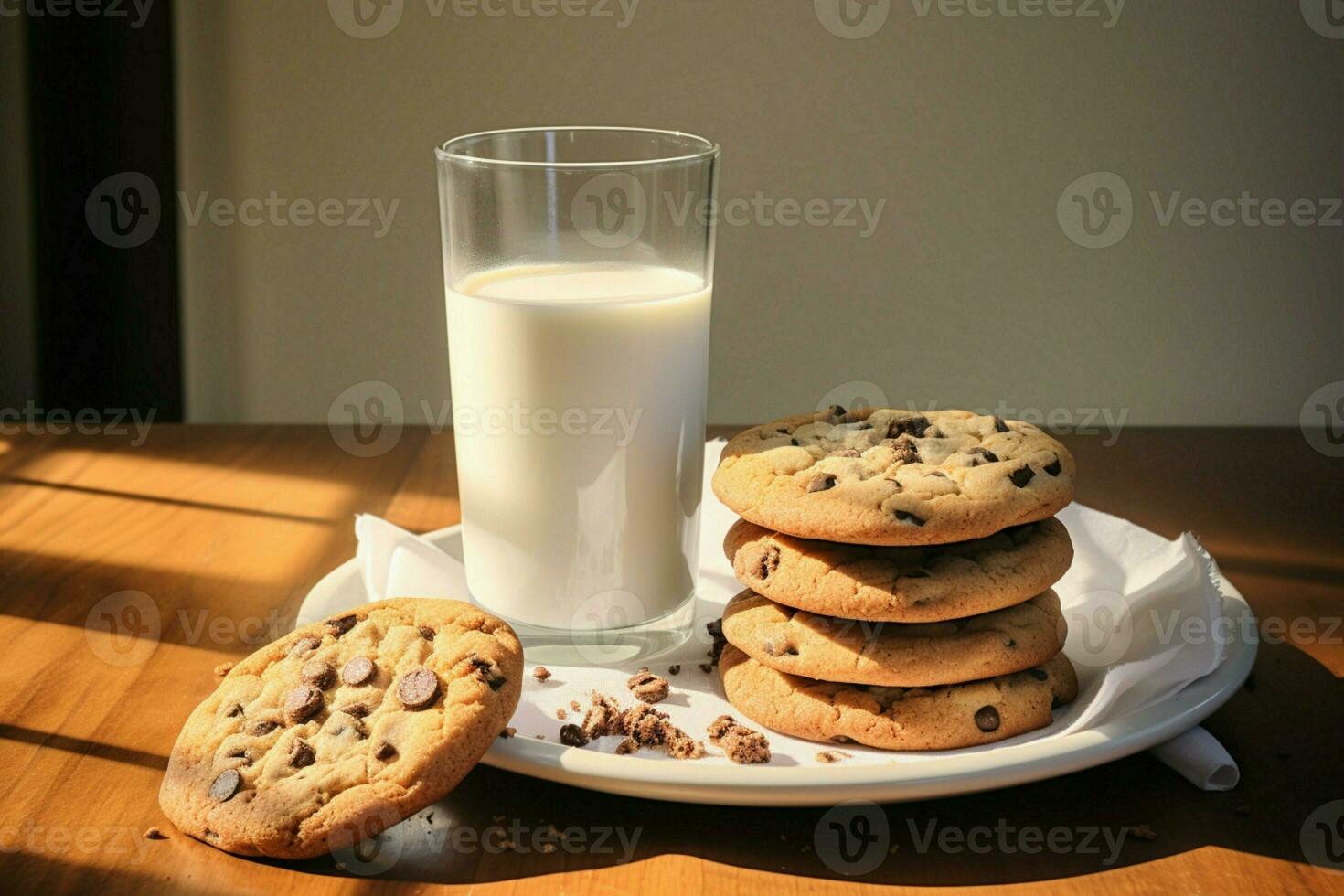 começar seu dia certo saboreando uma delicioso chocolate lasca bolacha com fresco leite ai gerado foto