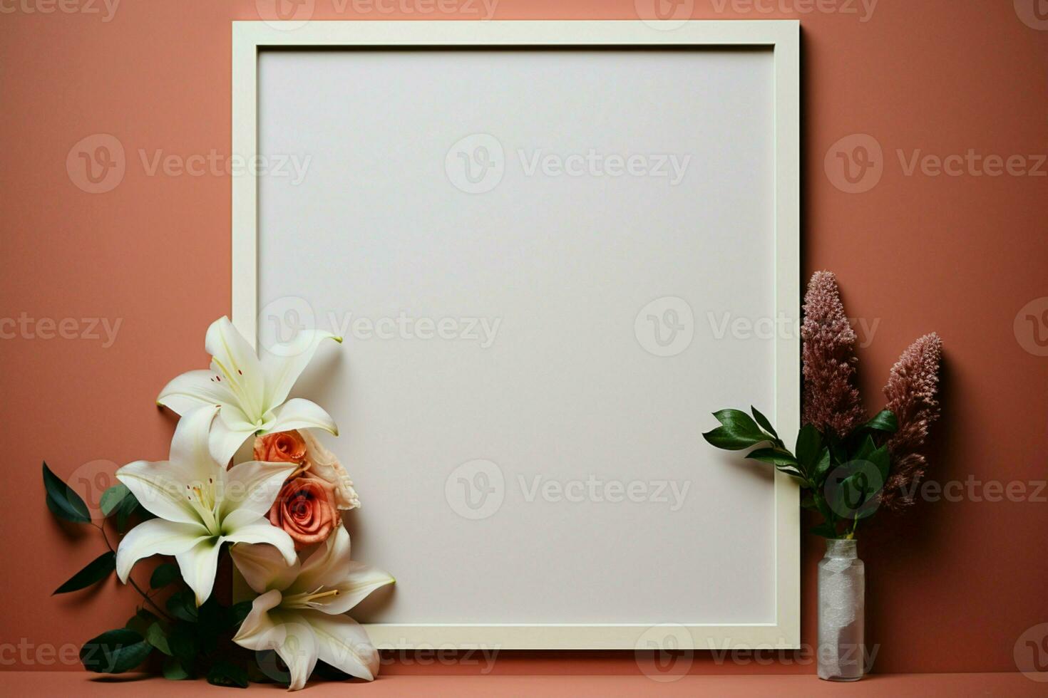 uma em branco quadro, Armação descansos em uma polido superfície, acompanhado de uma fresco flor ai gerado foto