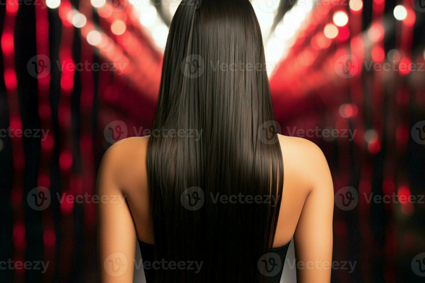 lustroso fascinar longo, em linha reta Preto cabelo aumenta mulher elegante costas Visão ai gerado foto
