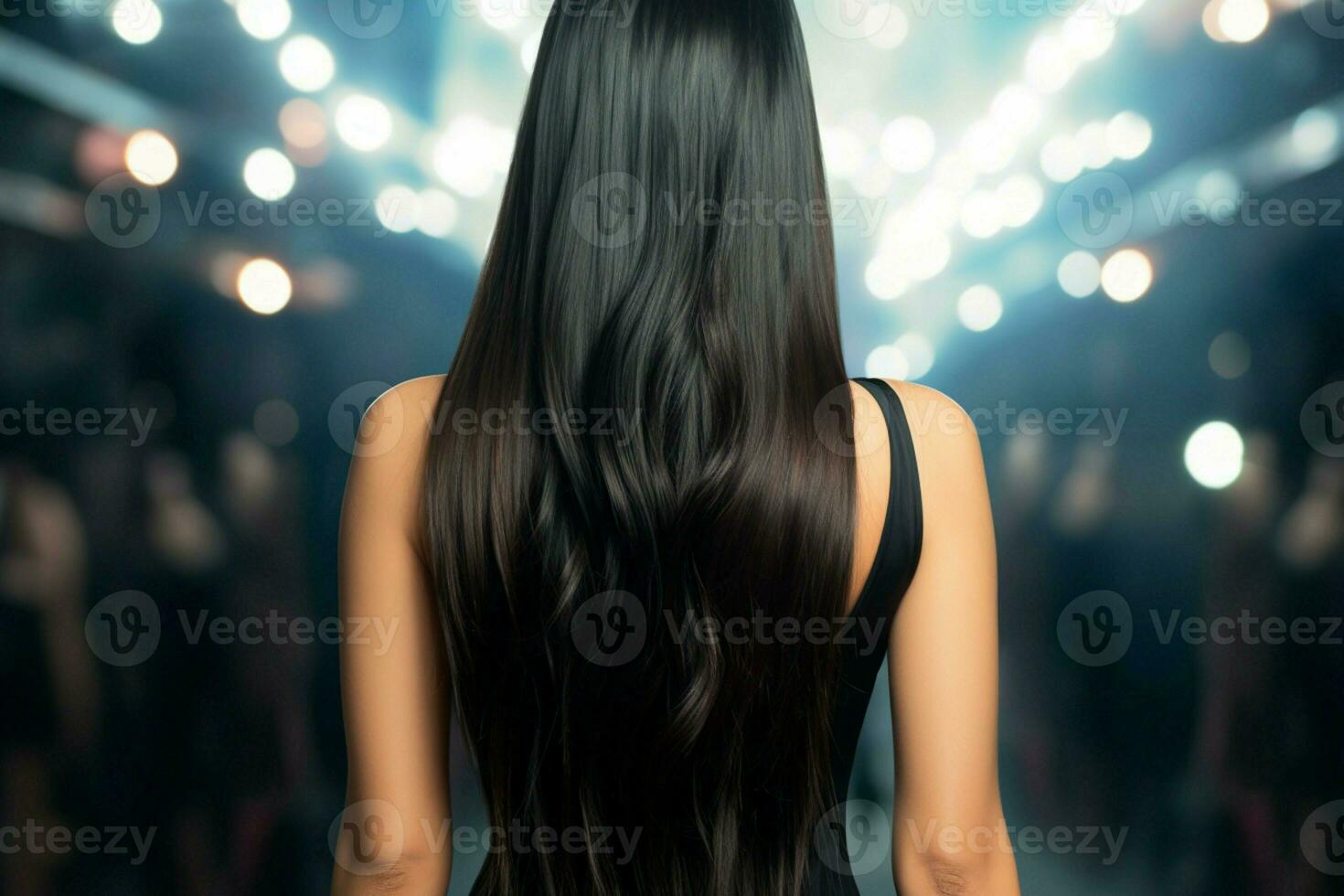 chique costas perfil mulher fascinar enfatizou de dela longo, em linha reta Preto cabelo ai gerado foto