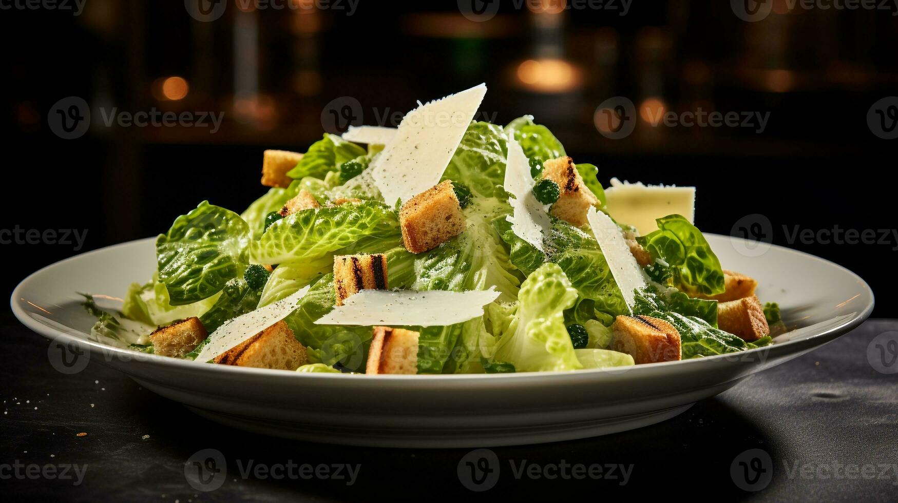 foto do César salada Como uma prato dentro uma sofisticado restaurante. generativo ai
