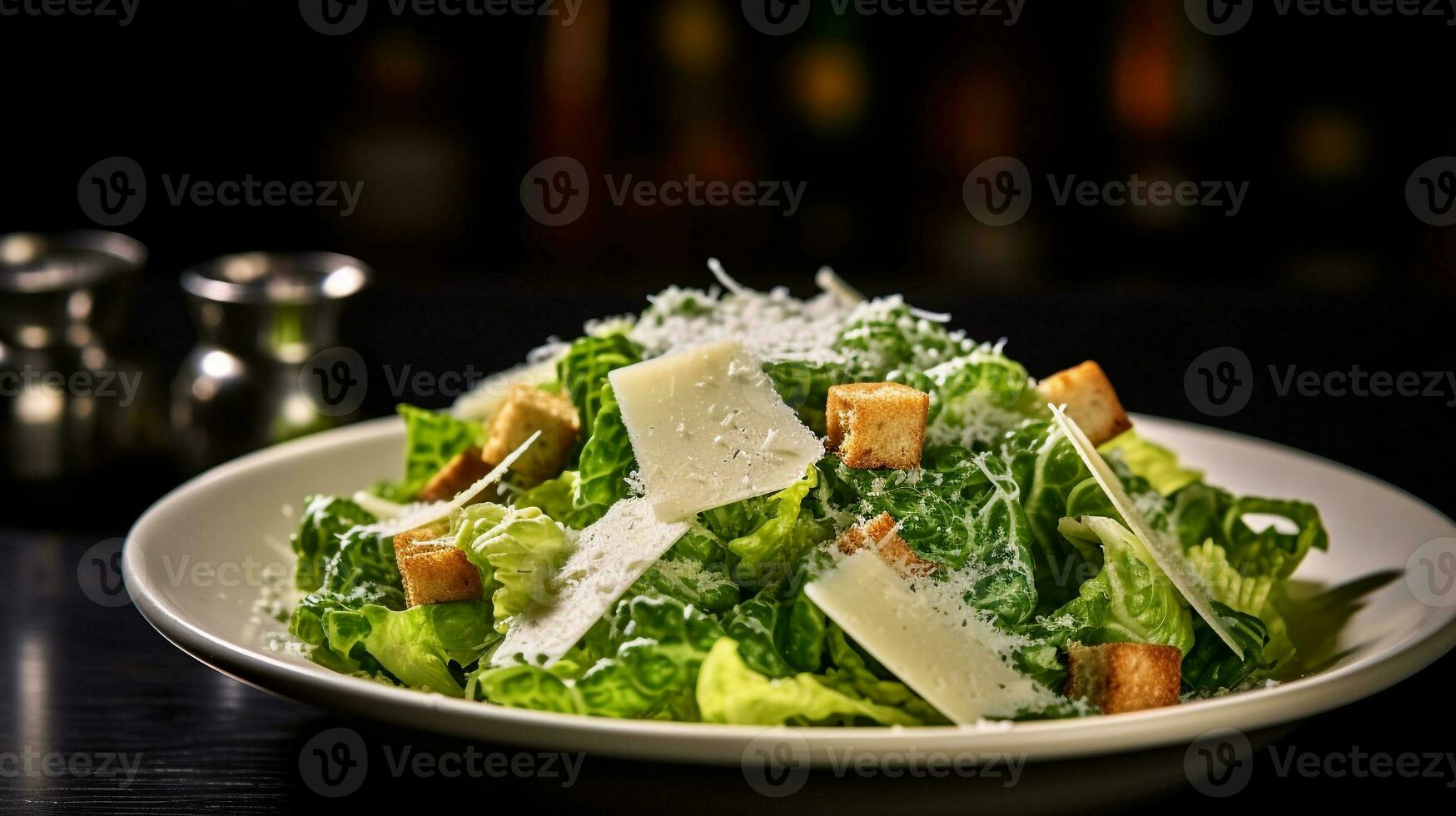 foto do clássico César salada Como uma prato dentro uma sofisticado restaurante. generativo ai