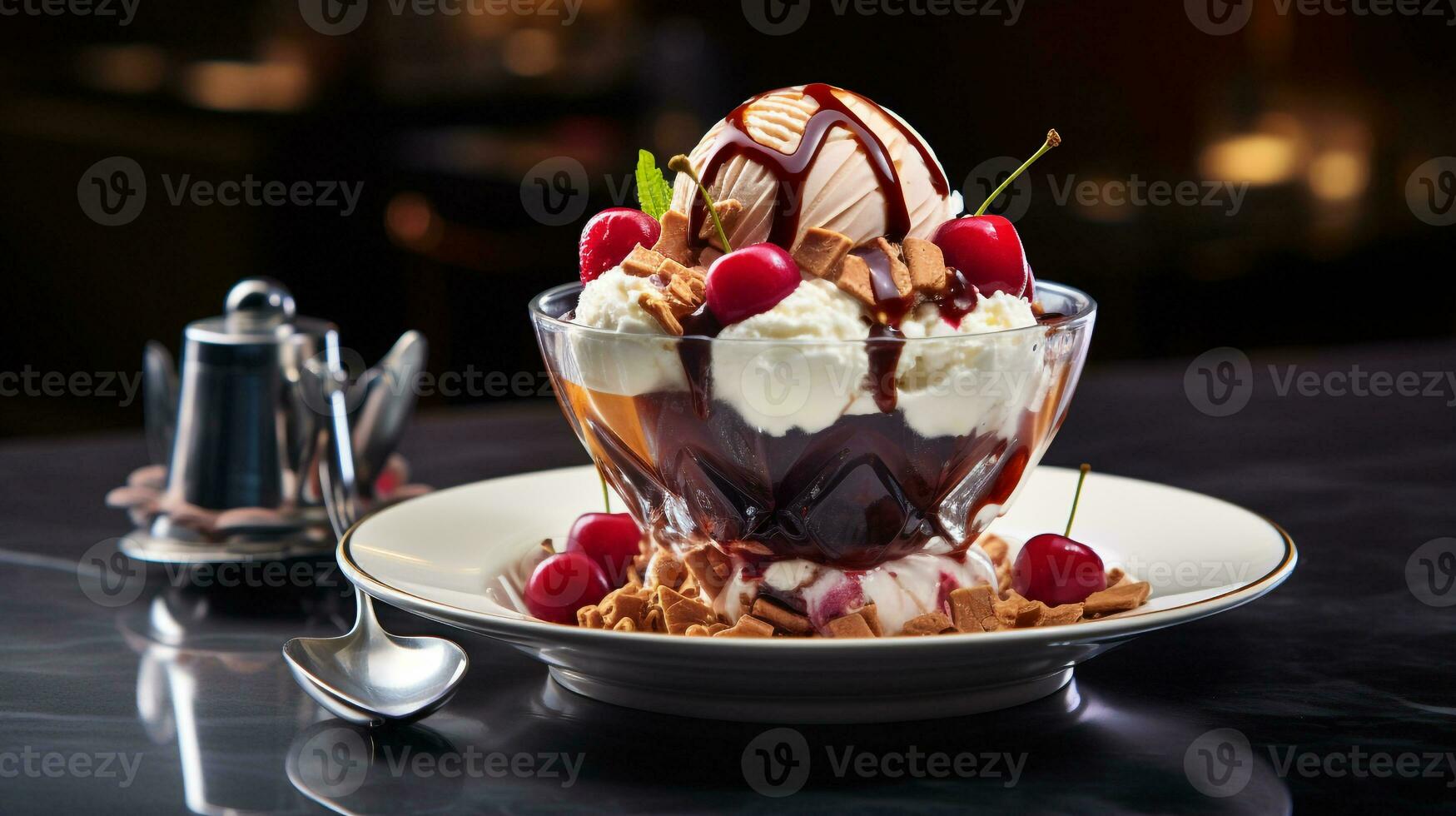 foto do gelo creme sundae Como uma prato dentro uma sofisticado restaurante. generativo ai