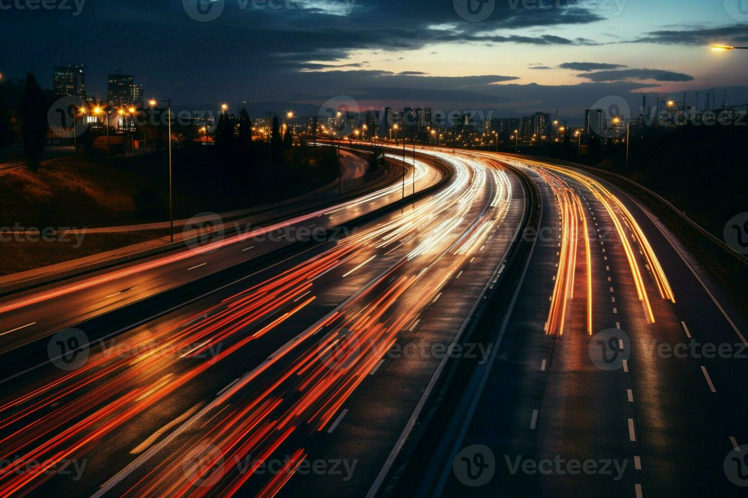 genérico rodovia cenas venha para vida com dinâmico movimento borrão durante manhã pressa ai gerado foto