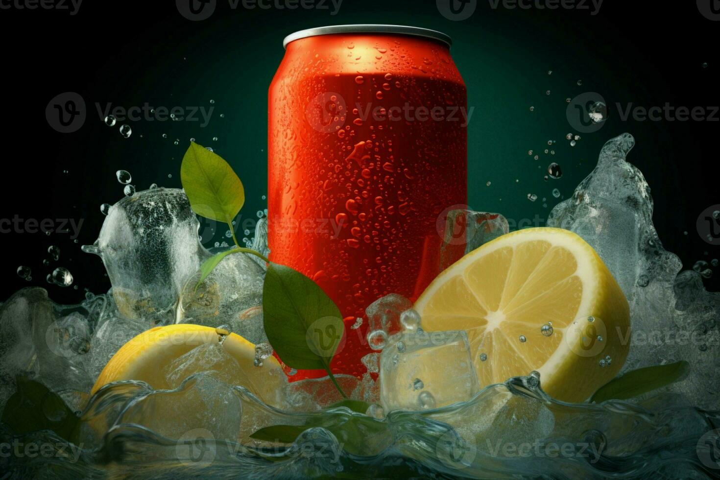 uma refrescante verão bebida, aninhado dentro uma refrigerado pode com espumante gelo cubos ai gerado foto