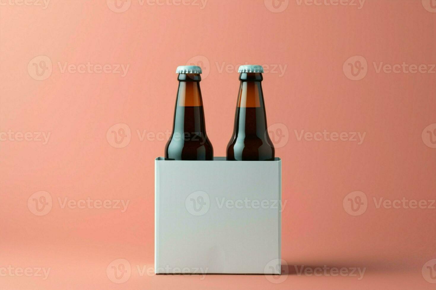 dois distinto não alcoólico bebida garrafas acompanhado de uma branco papel caixa, isolado em uma toscha fundo ai gerado foto