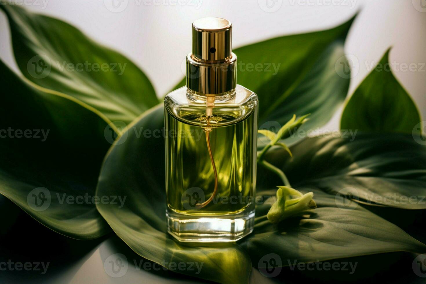 sérum frasco preparado no meio exuberante folhas, encapsulando da natureza cuidados com a pele essência ai gerado foto