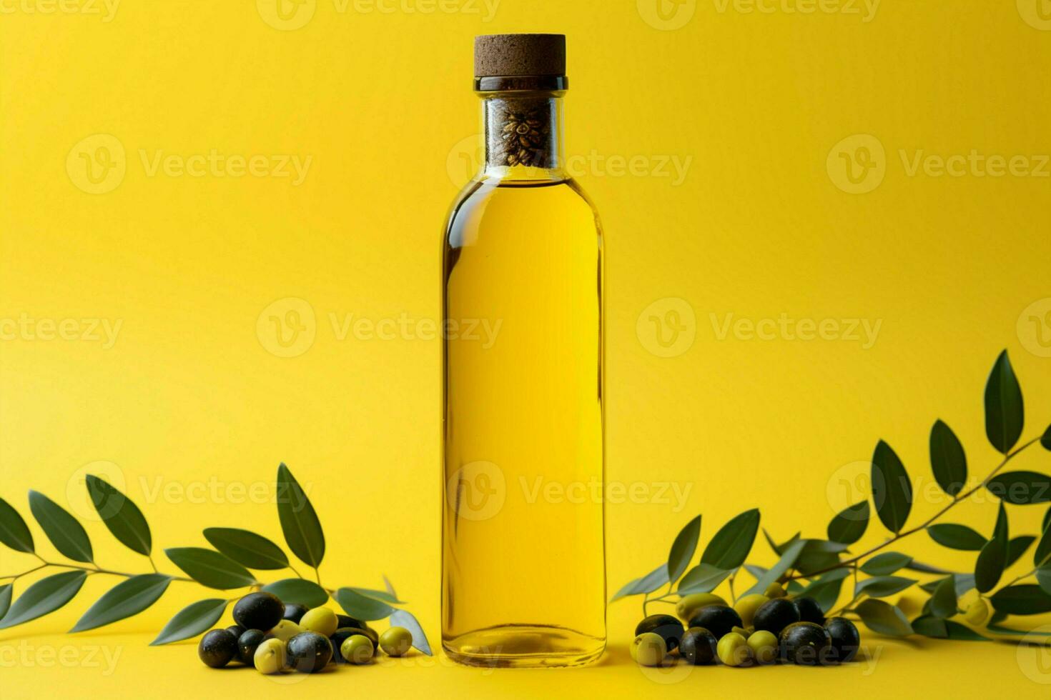 amarelo pano de fundo luzes uma garrafa do Oliva óleo adornado com aromático especiarias ai gerado foto