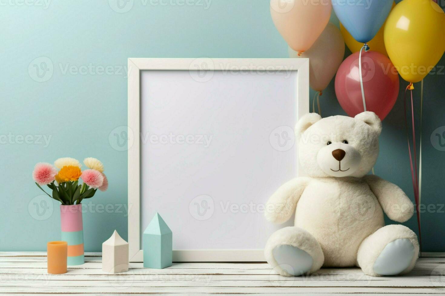 branco de madeira quadro, Armação com uma em branco brincar, cercado de brinquedos Urso de pelúcia Urso e colorida brinquedo ai gerado foto