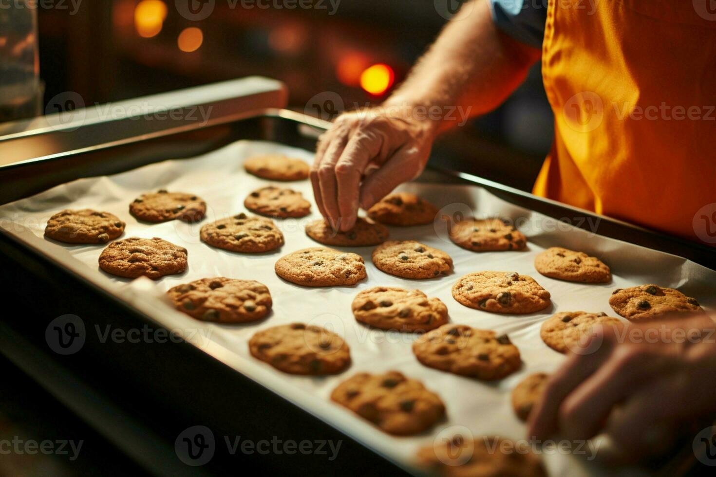 com precisão, uma temperado chefe de cozinha carrega uma bandeja do forno fresco, cheio de vapor biscoitos ai gerado foto