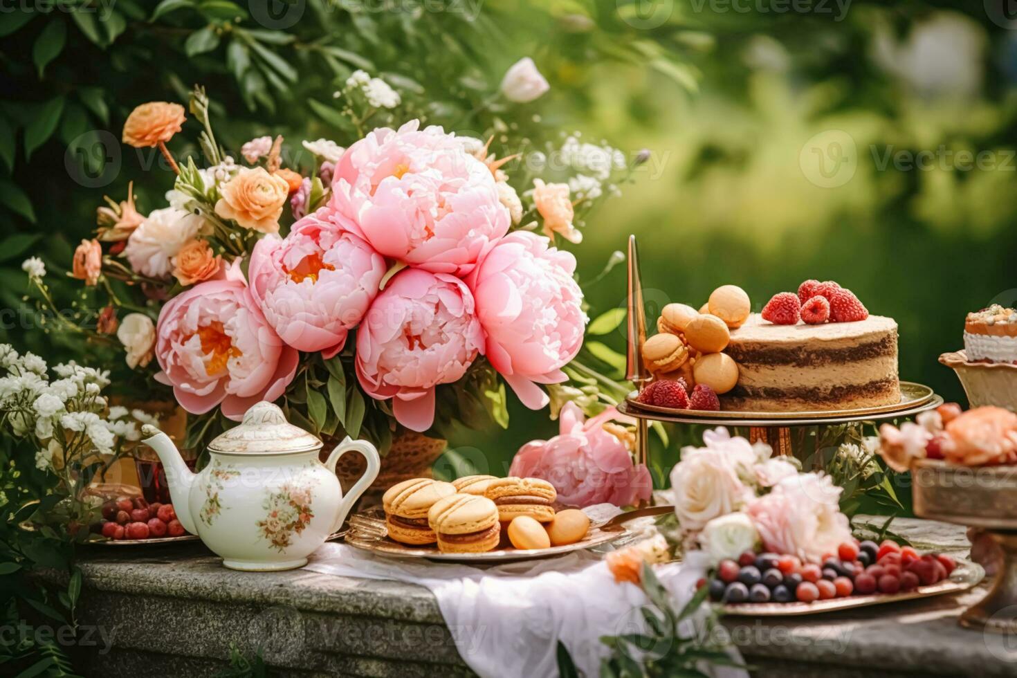sobremesa bufê com peônia flores, refeições para casamento, festa e feriado celebração, bolos e sobremesas dentro uma campo jardim, generativo ai foto