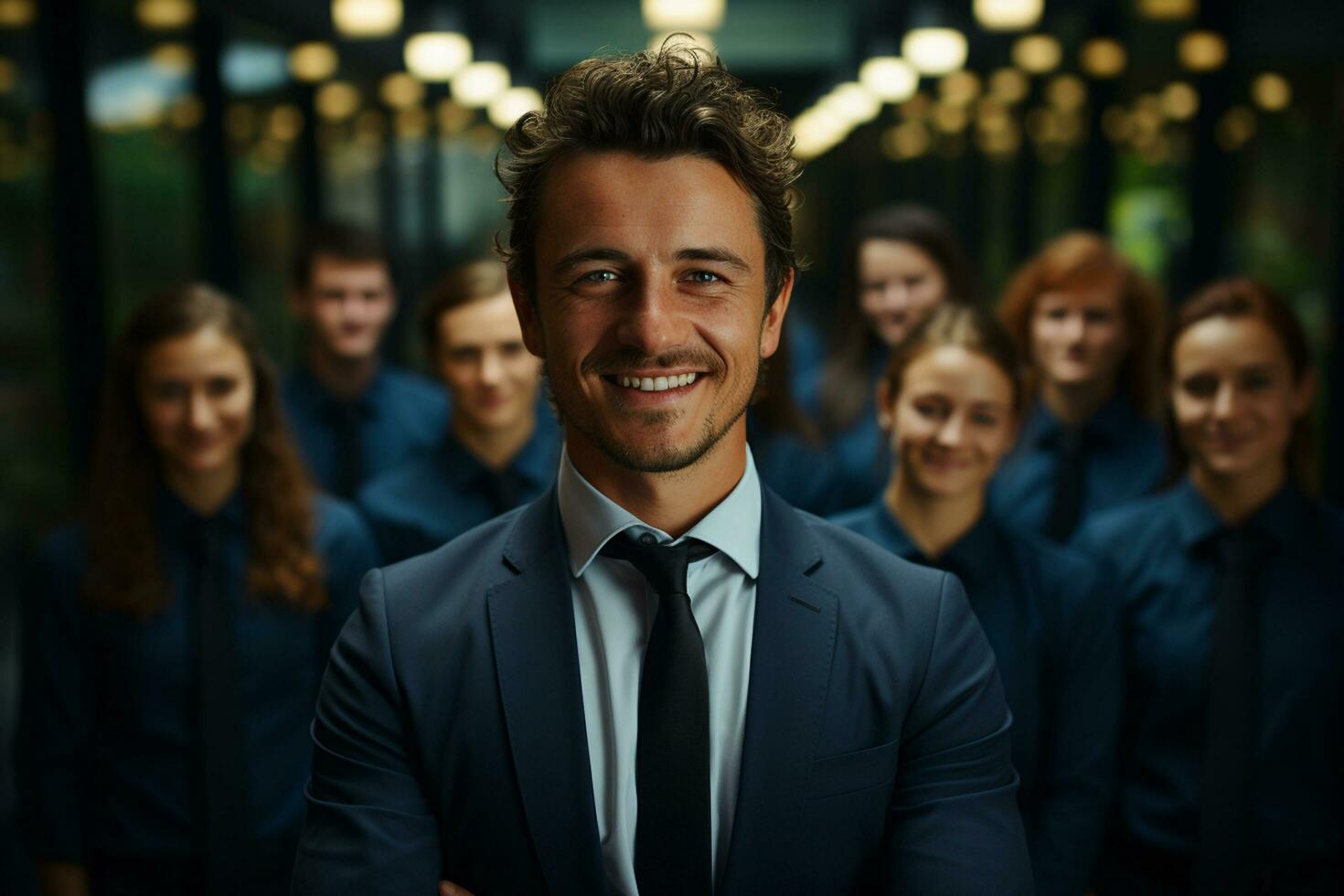 ai generativo grupo do feliz o negócio homem e o negócio mulheres, vestido dentro ternos estão sorridente, dentro a escritório foto