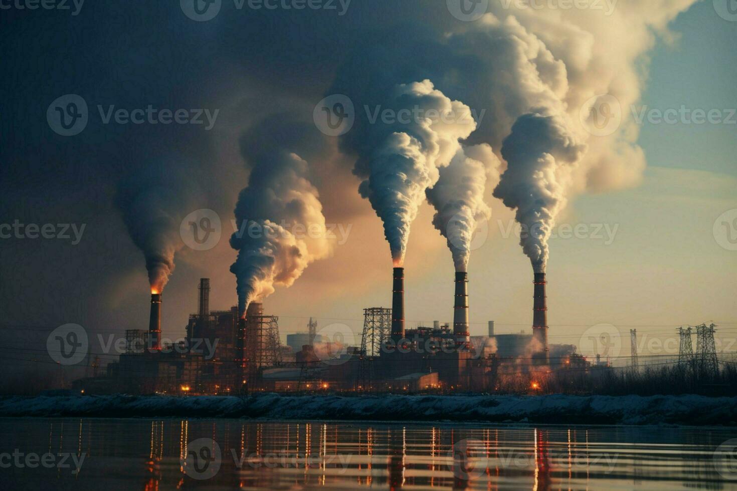 fábrica chaminés vomitar esfumaçado confusão, industrial zonas ar poluição engasga arredores ai gerado foto