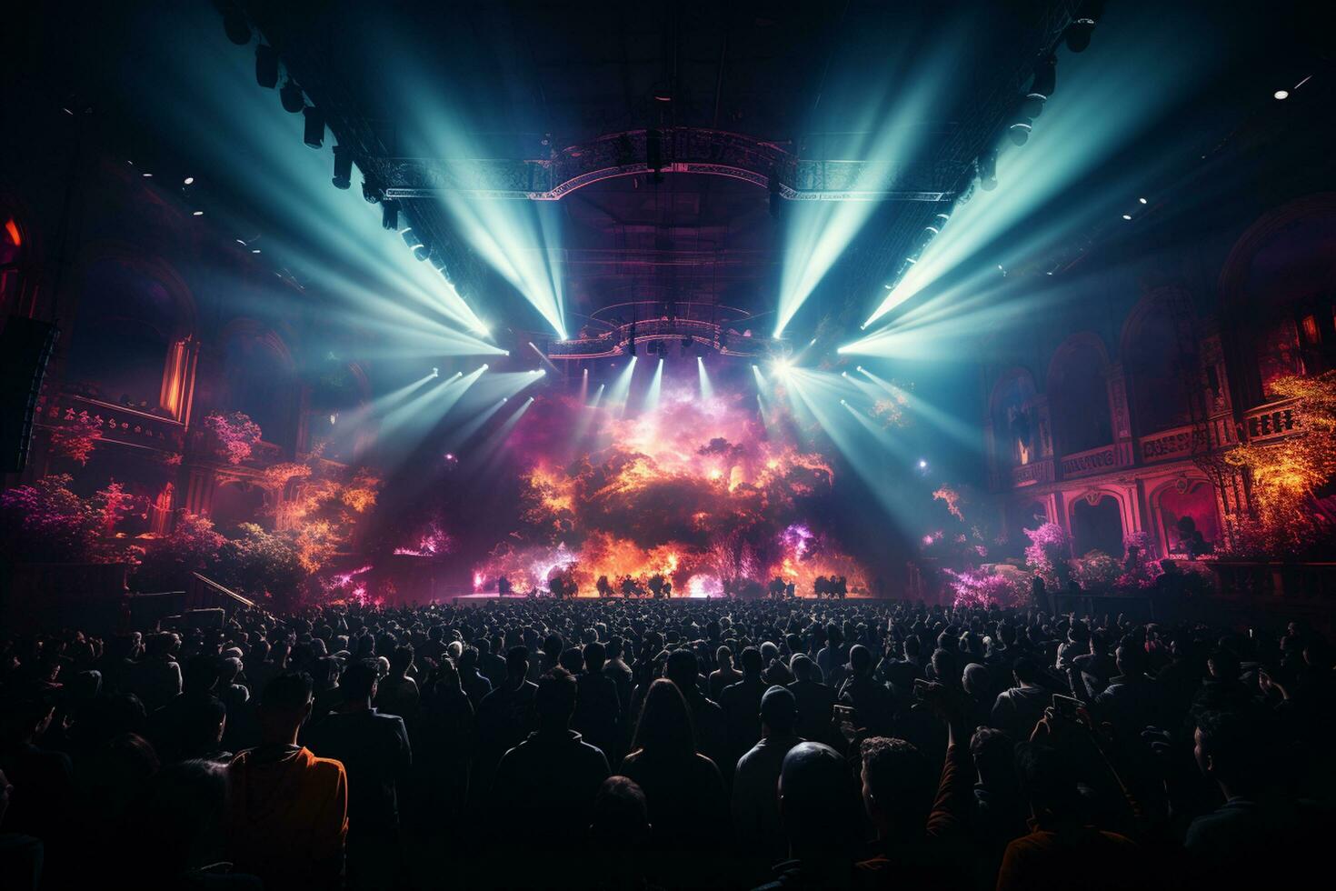 ai generativo lotado show etapa cenário com holofotes e colori luzes realista imagem, ultra hd foto