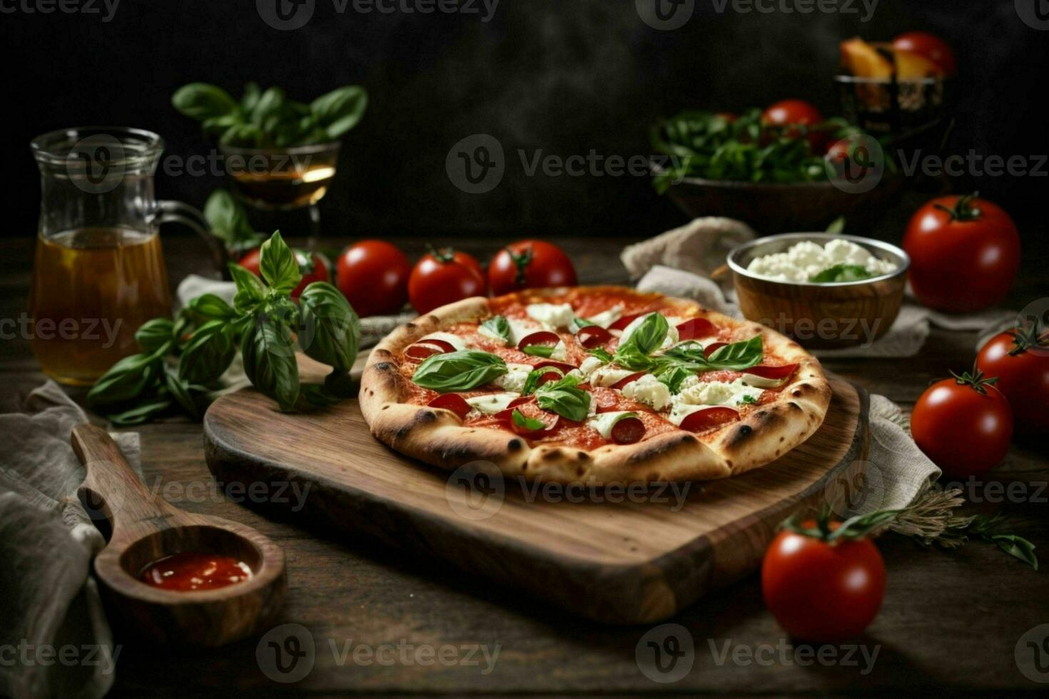 delicioso pizza com mozzarella em uma chocolate de madeira borda em uma mesa e decorado com tomate. pró foto