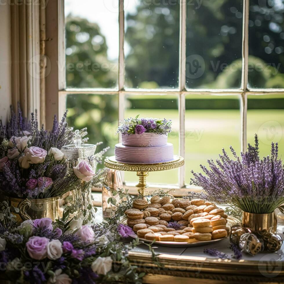 Casamento bolo com lavanda floral decoração, festa celebração e feriado sobremesa dentro uma campo jardim, evento Comida refeições, país chalé estilo, generativo ai foto