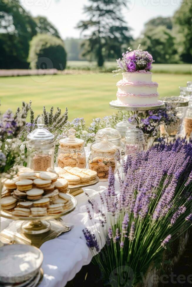 Casamento bolo com lavanda floral decoração, festa celebração e feriado sobremesa dentro uma campo jardim, evento Comida refeições, país chalé estilo, generativo ai foto