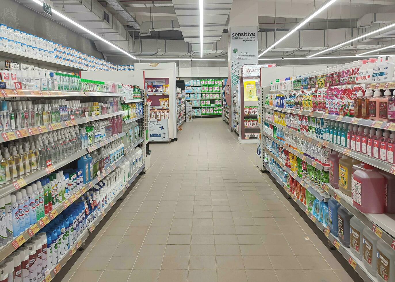 só, Indonésia - fevereiro, 2023 - supermercado corredor cena, vários tipos do limpeza Ferramentas em a prateleiras foto