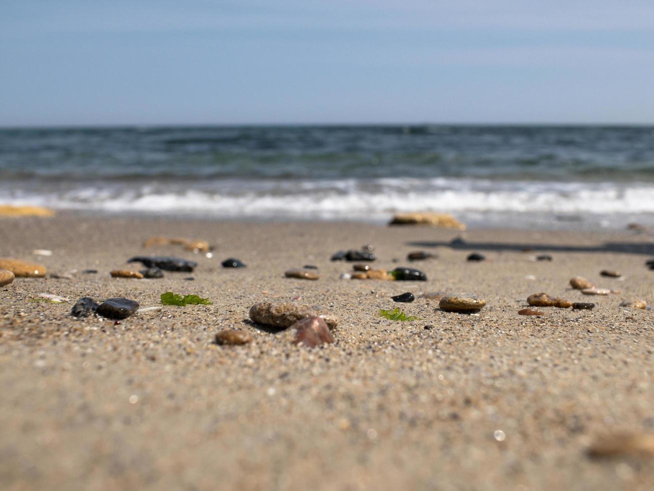 seixos e conchas do mar na praia contra o céu azul foto