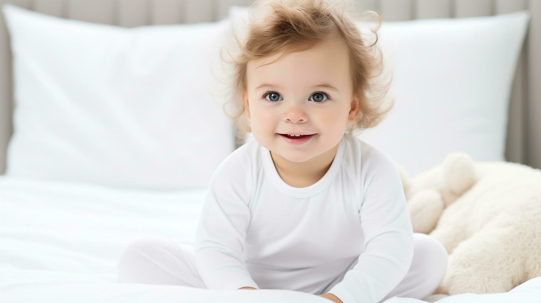 uma branco camisa maiô brincar uma pelúcia branco cama fundo ai gerado foto