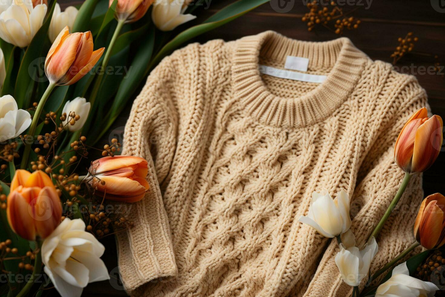 topo Visão criativo na moda plano deitar com tricotado suéter e fresco tulipas ai gerado foto