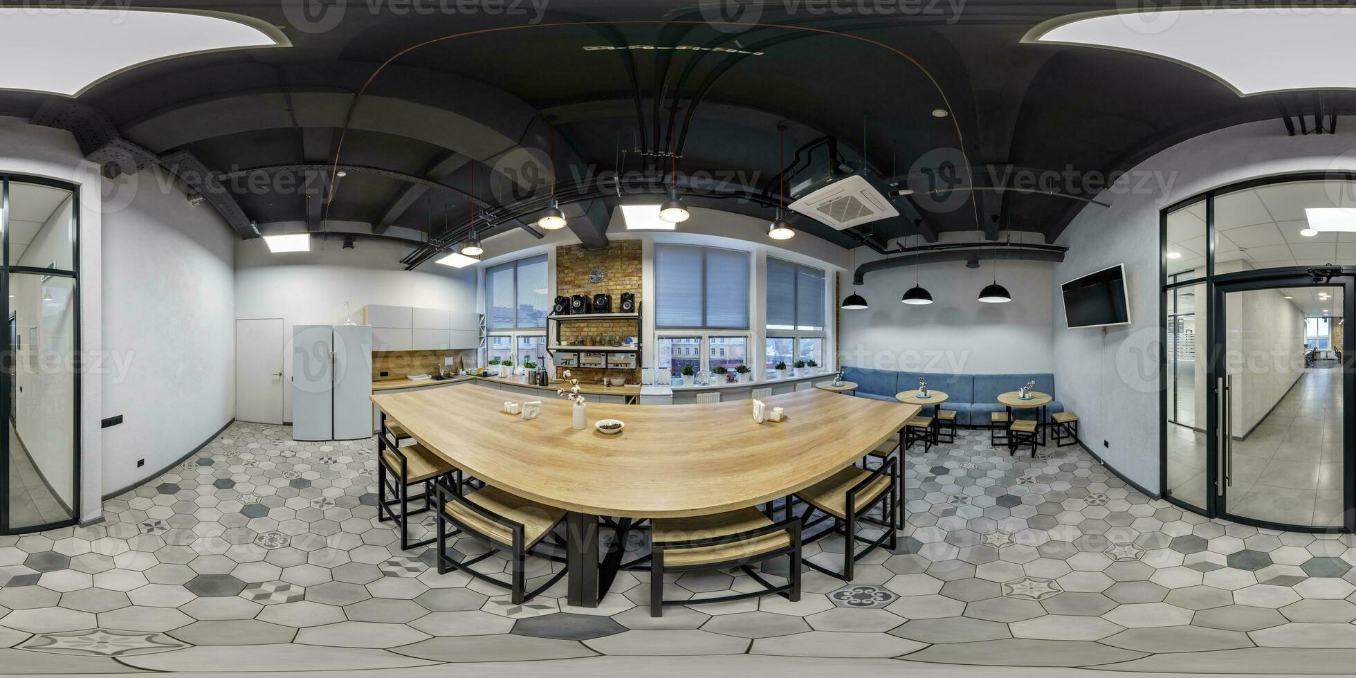 360 desatado hdri panorama Visão dentro cozinha e jantar quarto dentro moderno escritório dentro equirretangular esférico projeção, pronto ar vr virtual realidade conteúdo foto