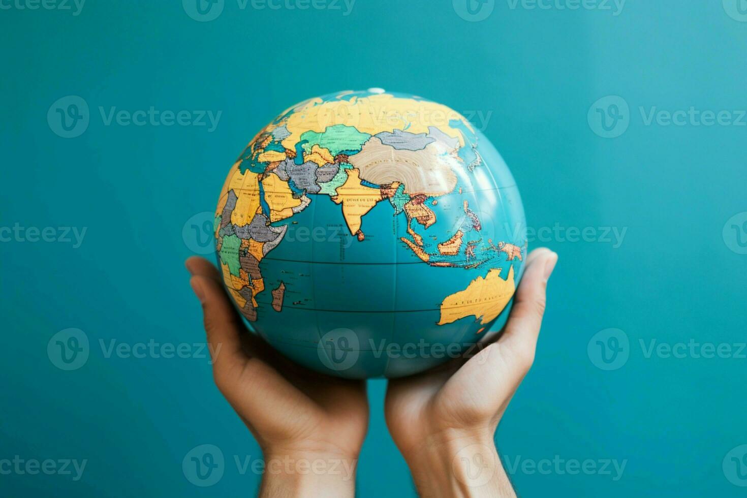 mão detém uma globo dentro uma frente visualizar, oferta quarto para texto ai gerado foto