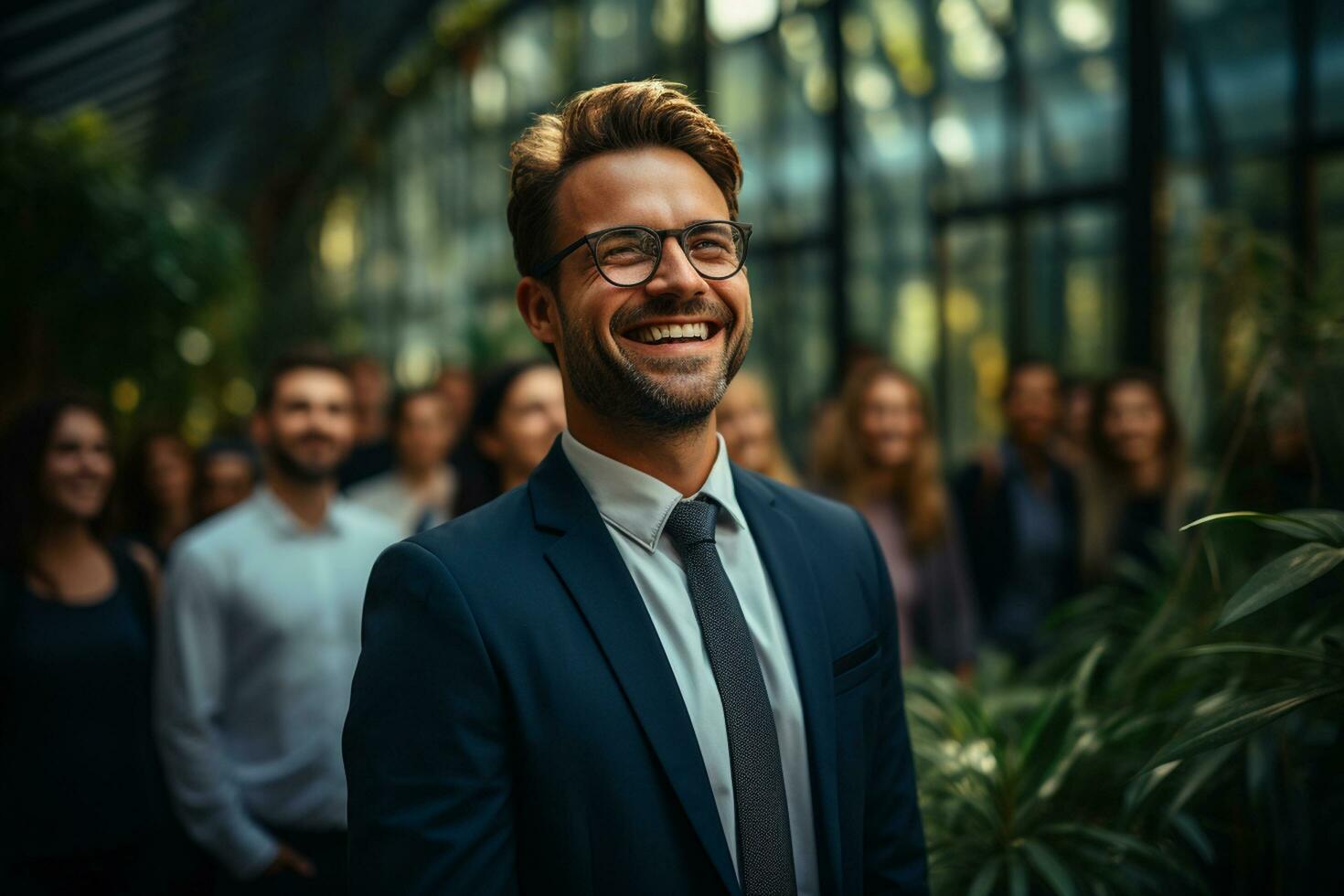 ai generativo grupo do feliz o negócio homem e o negócio mulheres, vestido dentro ternos estão sorridente, dentro a escritório foto