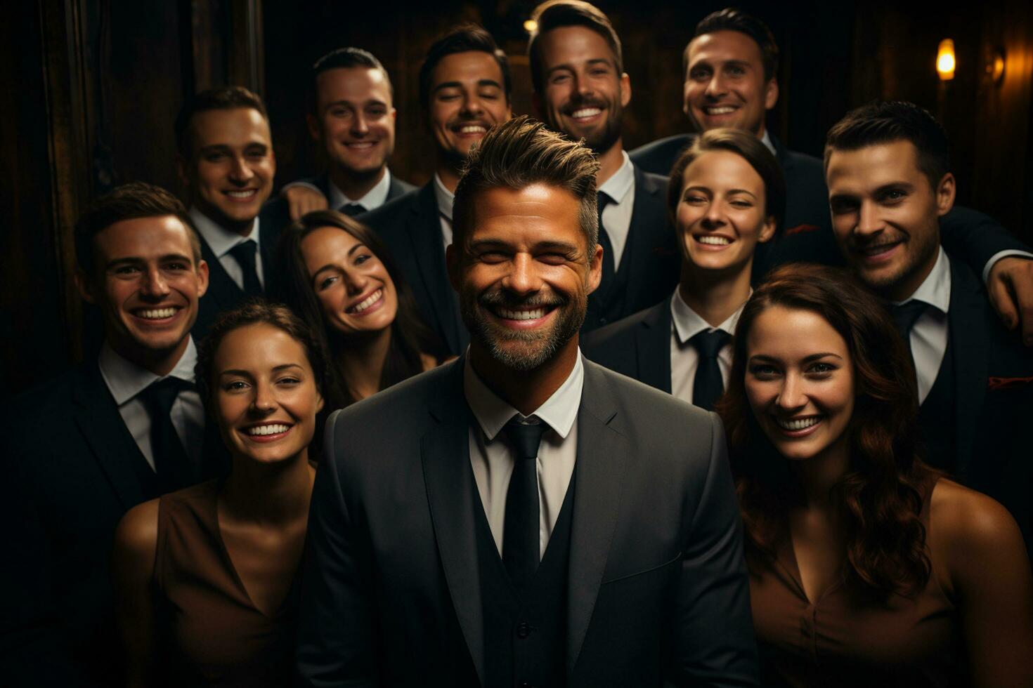 ai generativo grupo do feliz o negócio homem e o negócio mulheres, vestido dentro ternos estão sorridente, dentro a escritório foto