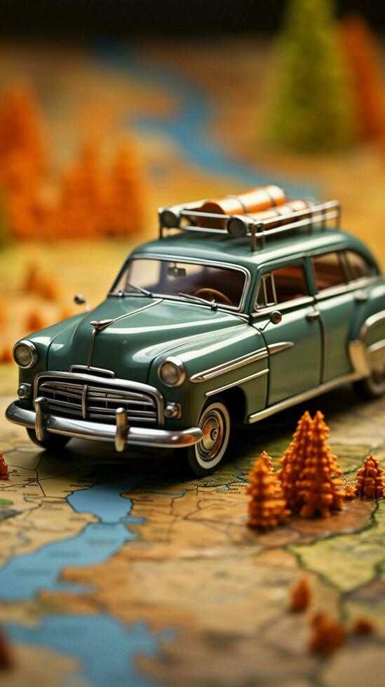 vintage aventura, pitoresco carro modelo em aberto mapa, seletivo foco vertical Móvel papel de parede ai gerado foto