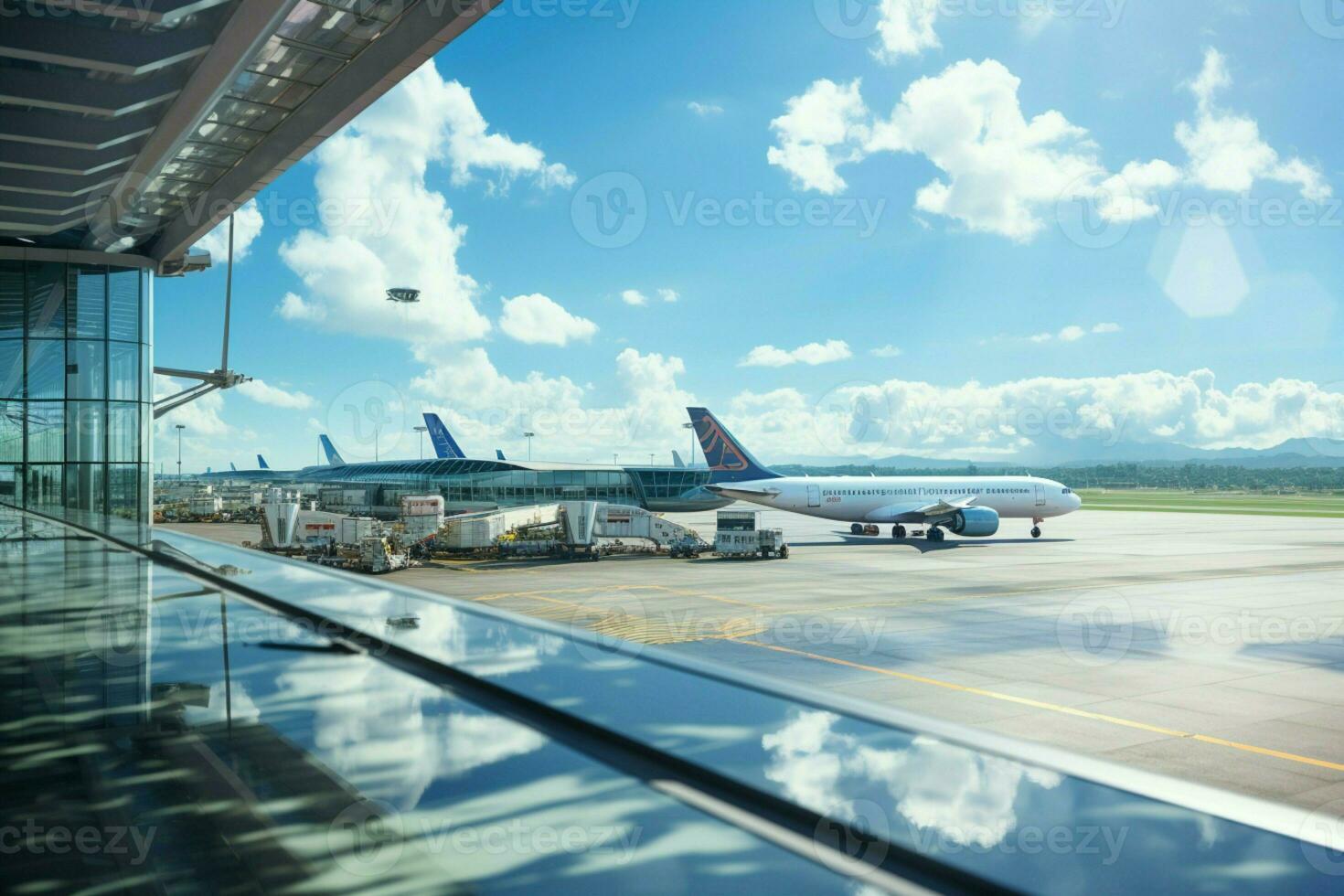 testemunhando uma voo descolar através aeroporto janelas contra a brilhante ensolarado céu ai gerado foto
