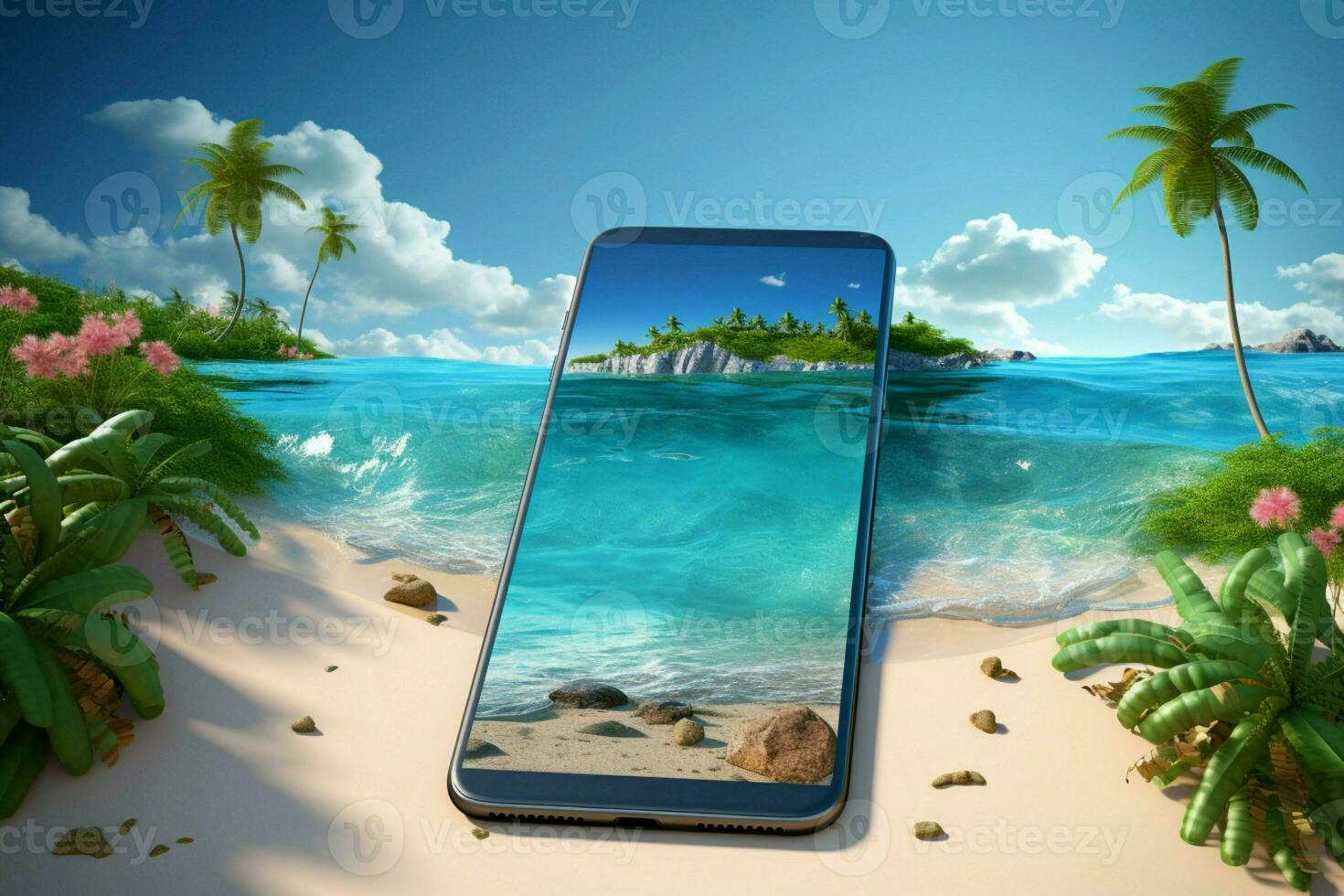 vibrante 3d de praia cena isométrico visualizar, telefone, Palmeiras, oceano a idílico paraíso ai gerado foto