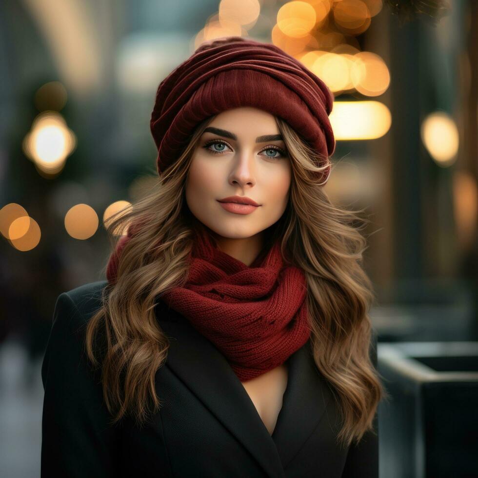 jovem mulher dentro à moda inverno equipamento foto