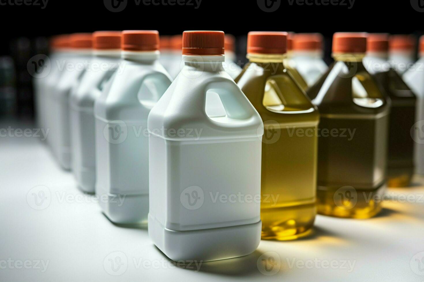 branco isolamento plástico garrafas loja usava automóvel óleos, enfatizando reciclando comprometimento ai gerado foto