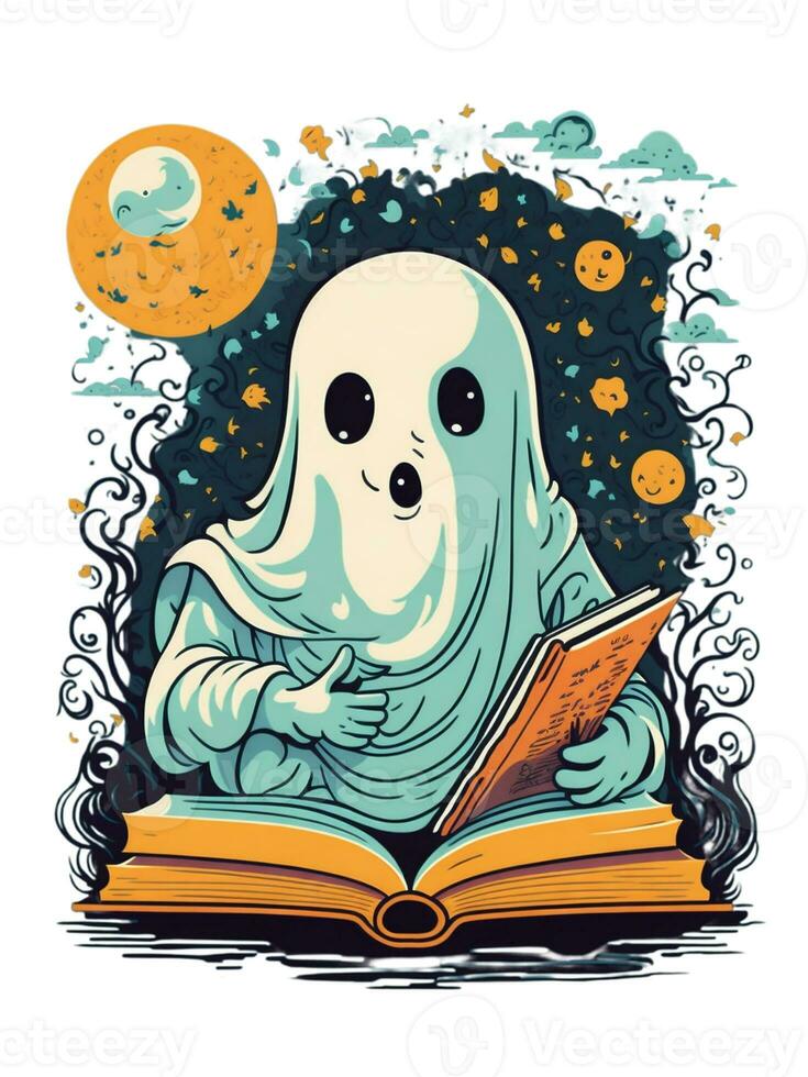 kawaii branco fantasma lendo livros obra de arte para dia das Bruxas foto