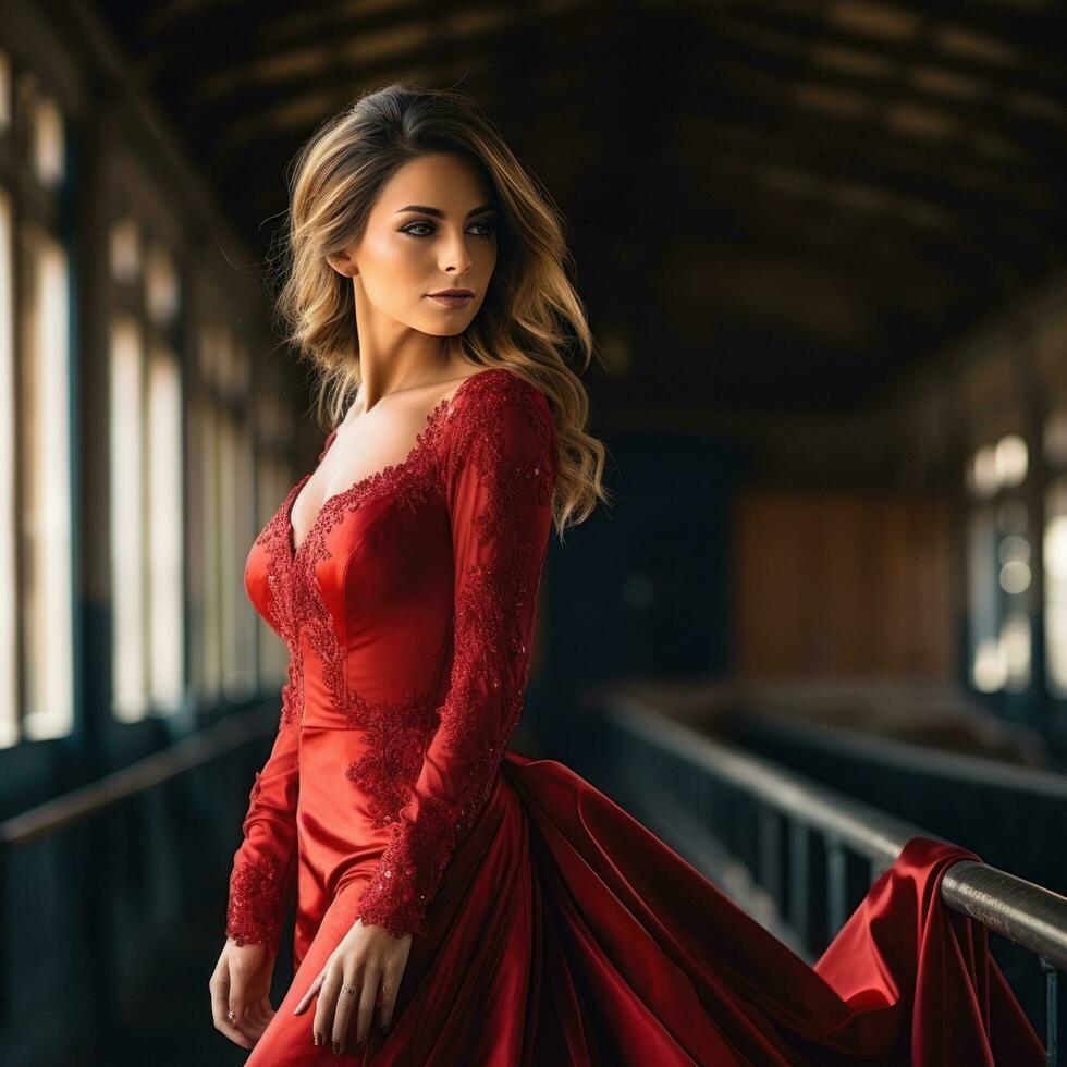 mulher dentro elegante vermelho vestido com trem foto