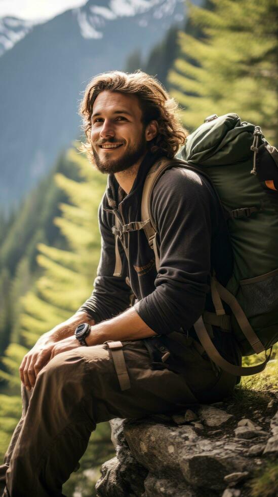 mochileiro levando uma pausa em montanha trilha foto