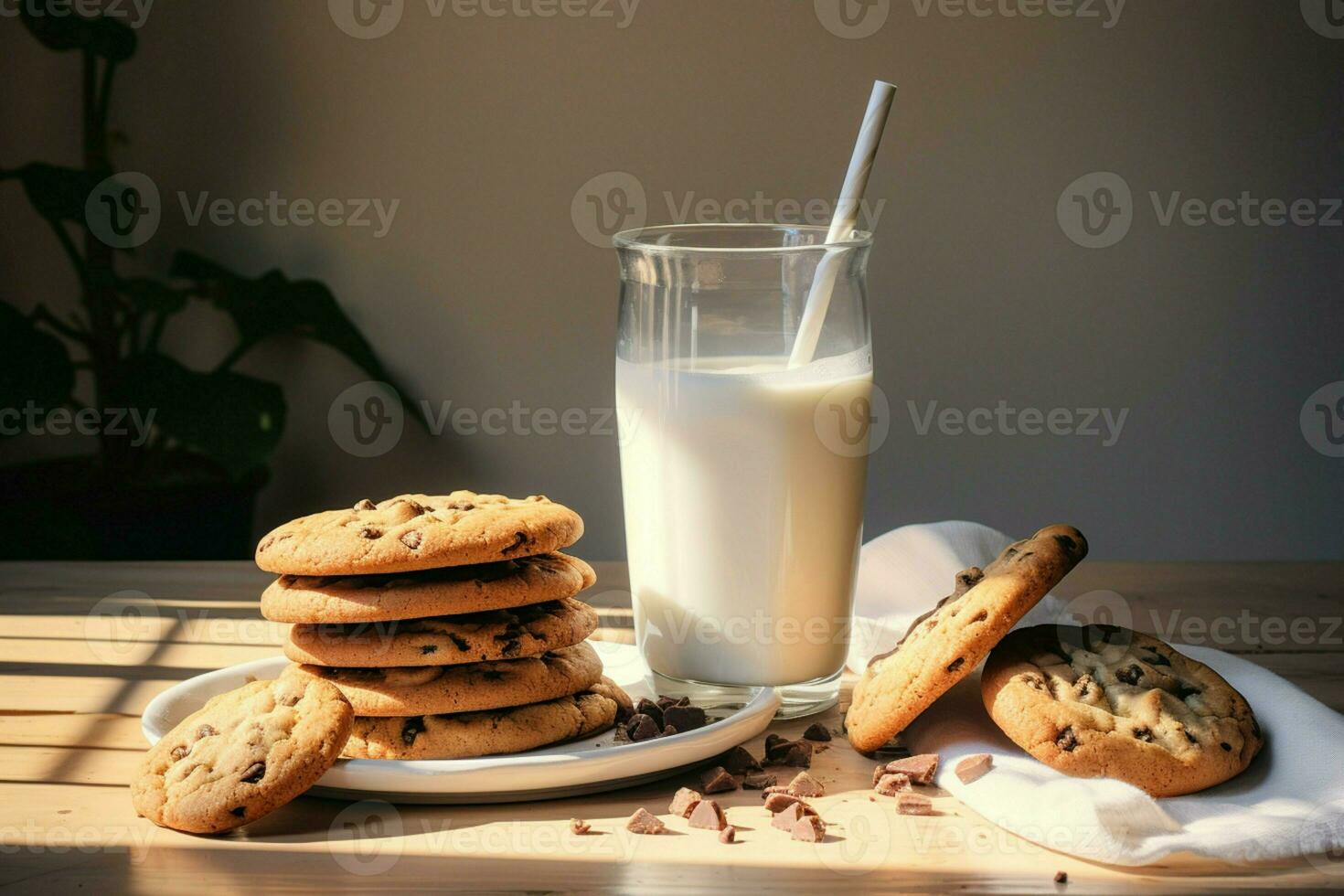 uma delicioso café da manhã emparelhamento saboreando uma saboroso chocolate lasca bolacha e leite ai gerado foto