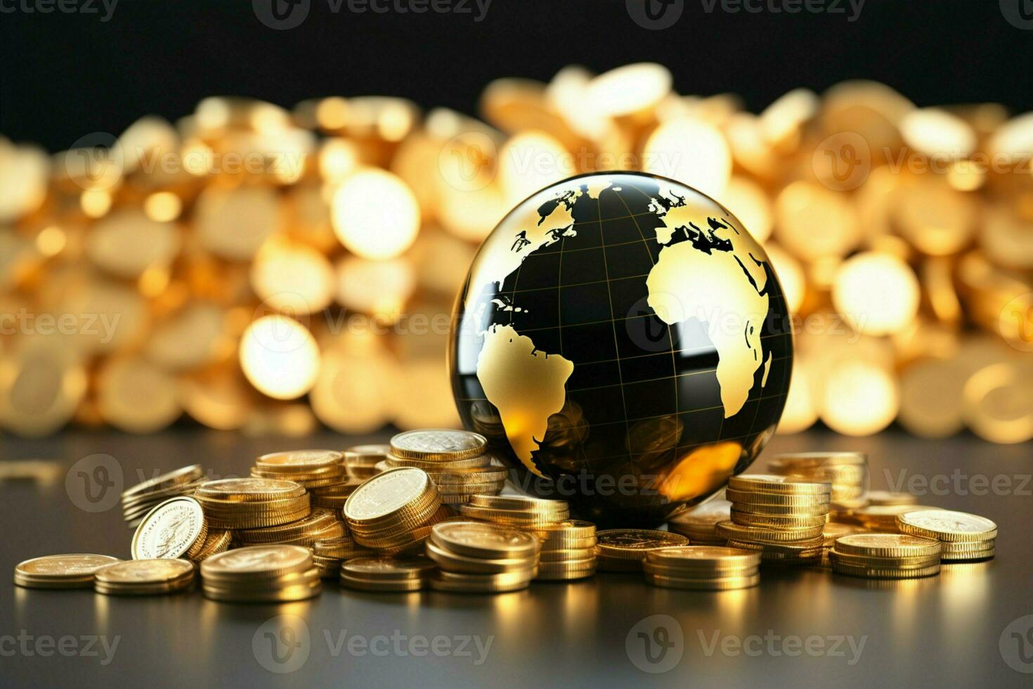 isolado em branco, uma dourado globo emparelhado com empilhado ouro moedas ai gerado foto