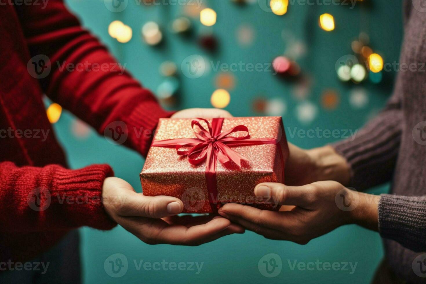 presente dando homem mãos sobre uma pensativo presente para mulher, cópia de espaço pano de fundo. ai gerado foto