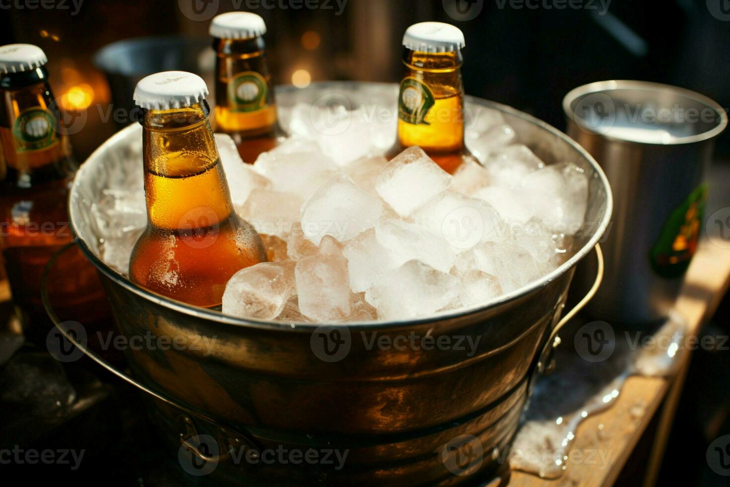 refrescante Cerveja espera dentro refrigerado balde aninhado no meio gelo frio abraço para perfeição ai gerado foto