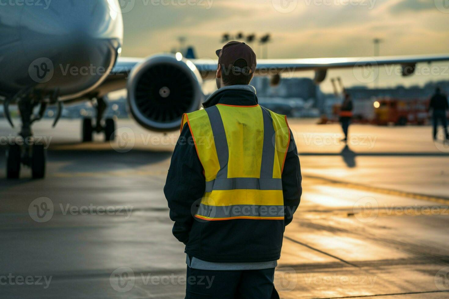 costas Visão aeronave manutenção Supervisor cabeças para estacionado avião em aterrissagem campo. ai gerado foto