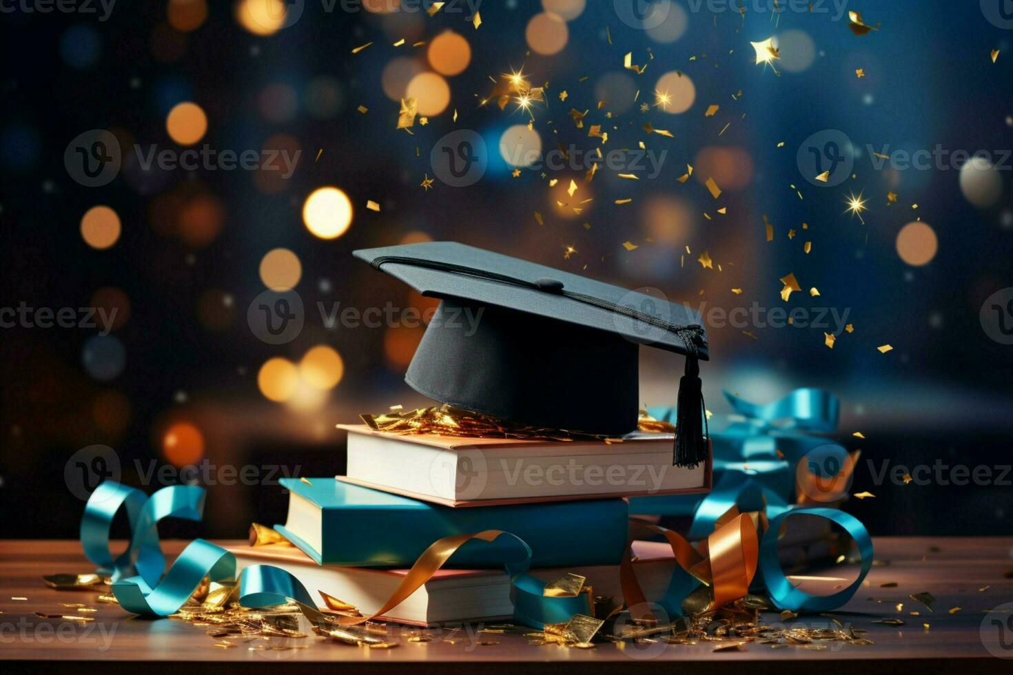 uma graduação boné descansos ao lado livros, a comemorar acadêmico realização em meio a confete ai gerado foto