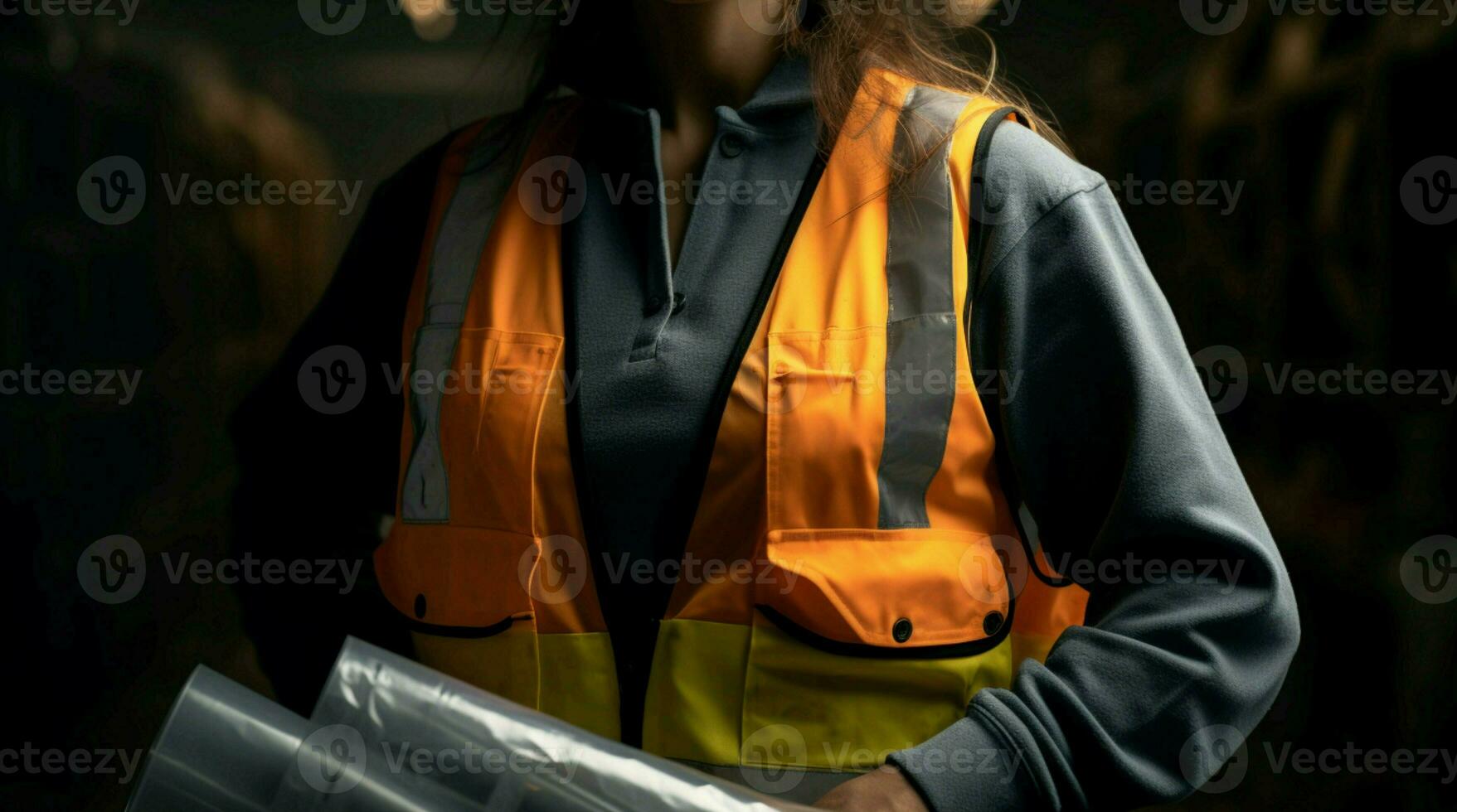 mulher leva Centro etapa Como engenheiro, capturado dentro uma convincente frente visualizar. ai gerado foto