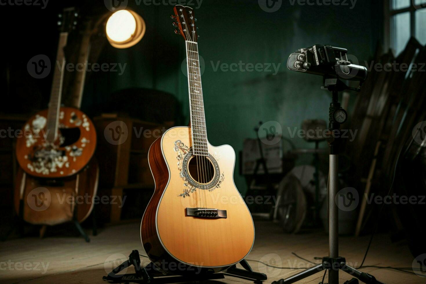 estúdio serenidade a acústico guitarra descansa, pronto para capturar musical Magia. ai gerado foto