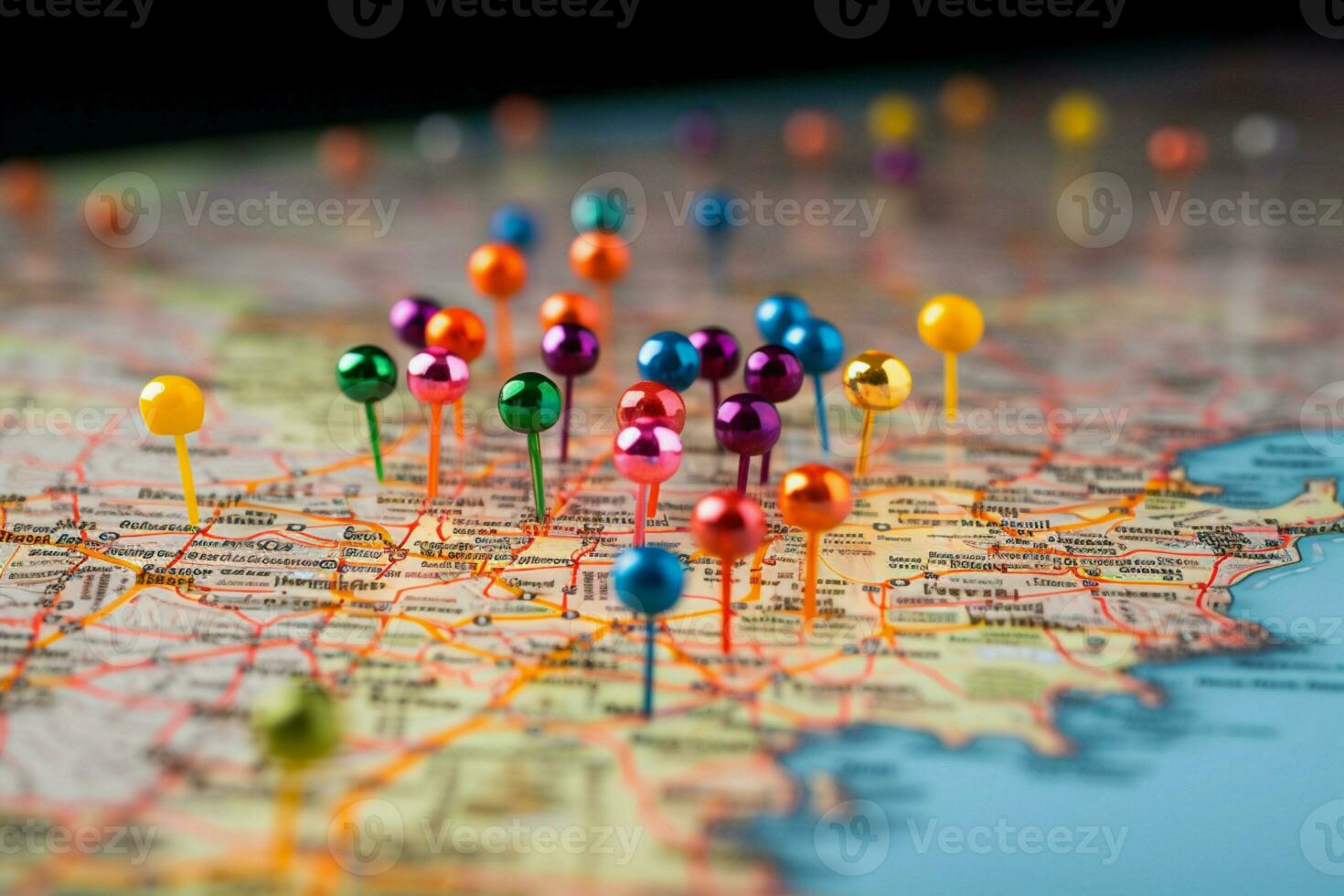 vibrante pinos marca vários planejado destinos em uma colorida e detalhado mapa ai gerado foto