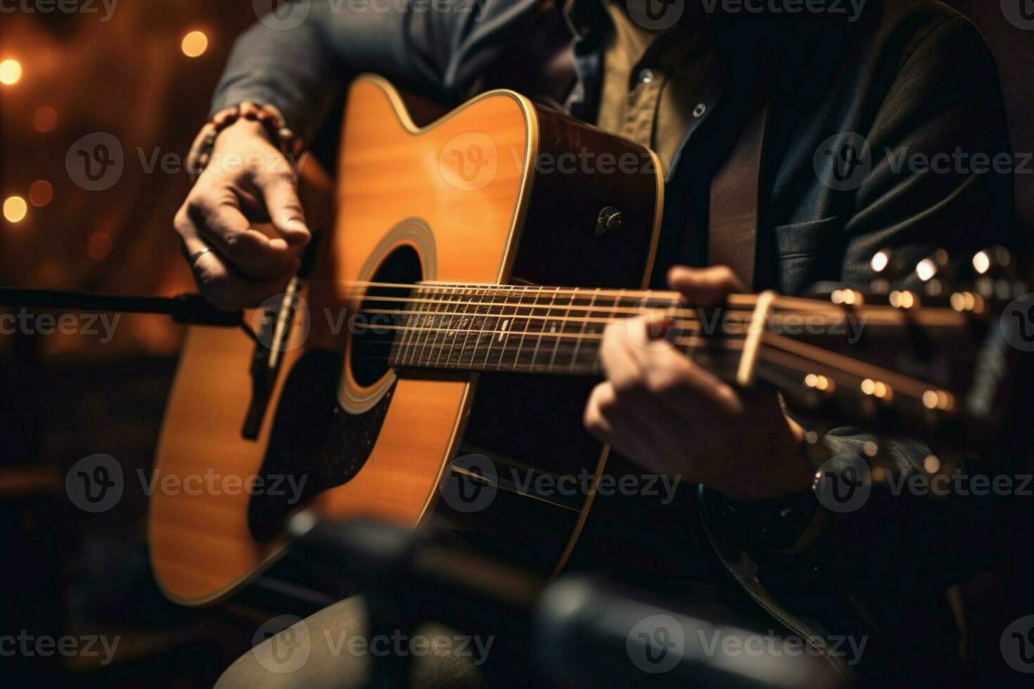 com uma capo e acústico guitarra, a músico harmoniza com uma perto microfone. ai gerado foto